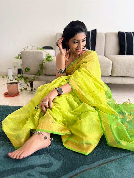 Lime 'n Lemony Silk Jamdani with Sequins