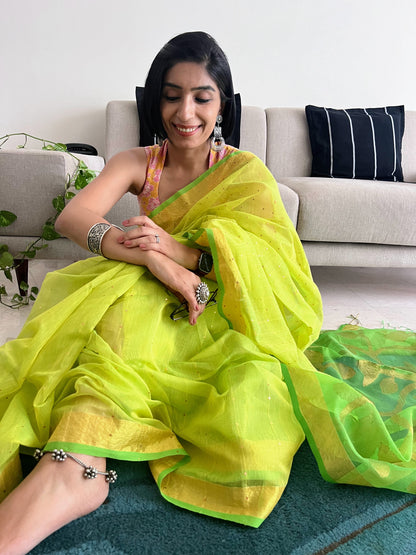 Lime 'n Lemony Silk Jamdani with Sequins