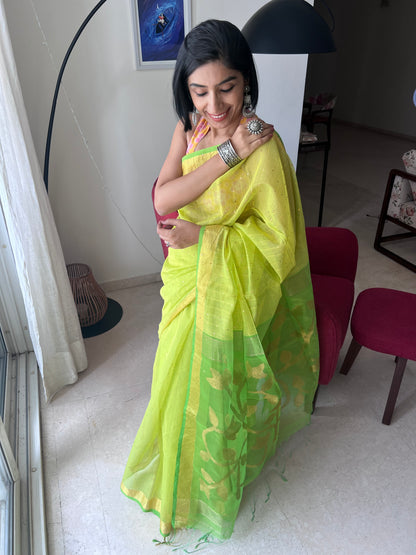 Lime 'n Lemony Silk Jamdani with Sequins