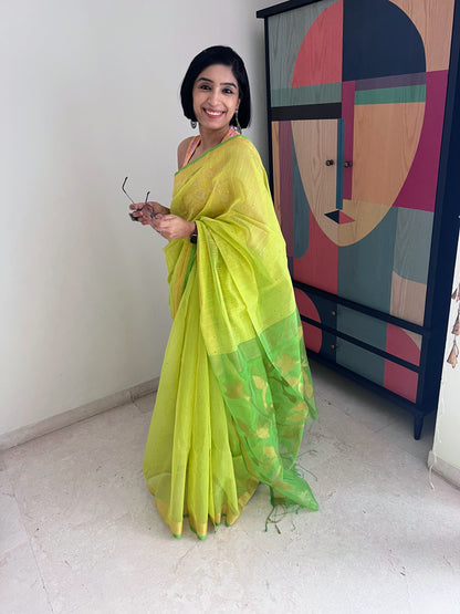 Lime 'n Lemony Silk Jamdani with Sequins