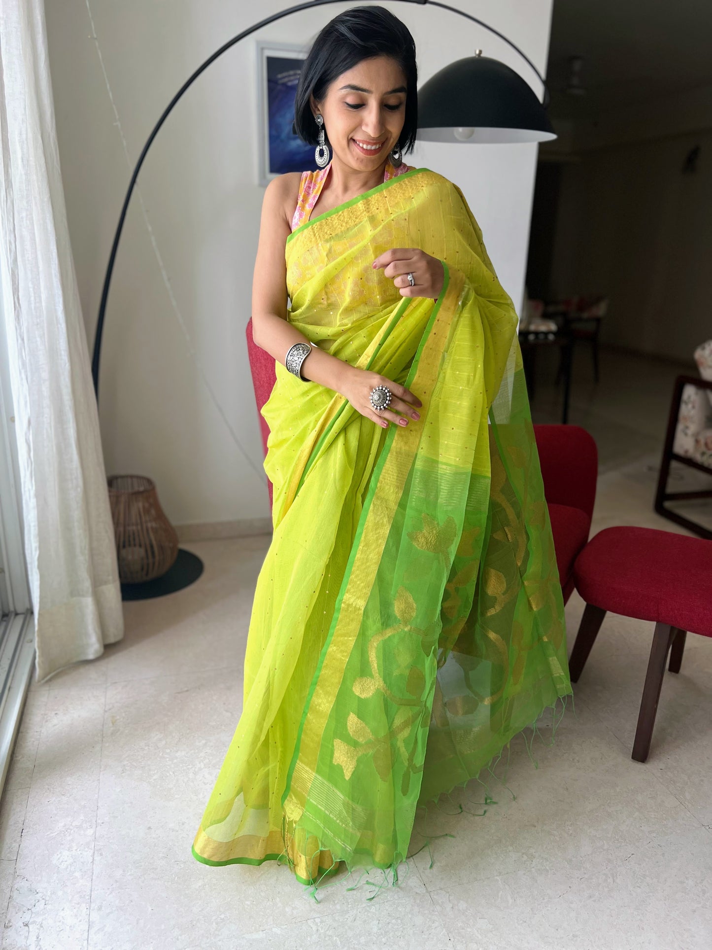 Lime 'n Lemony Silk Jamdani with Sequins