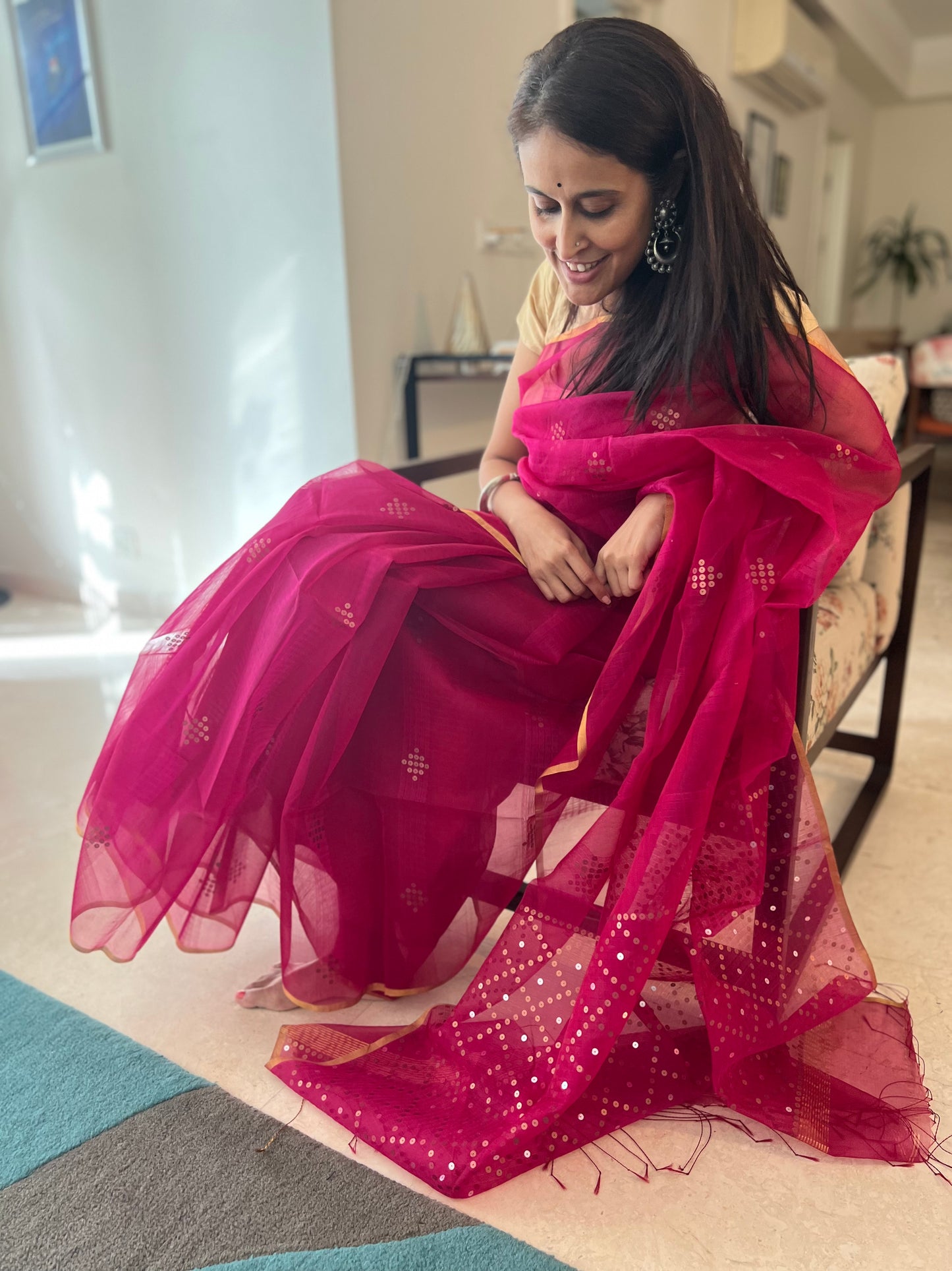 Bougainvillea Pink Bailou Jamdani with Sequins