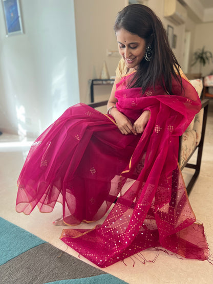 Bougainvillea Pink Bailou Jamdani with Sequins