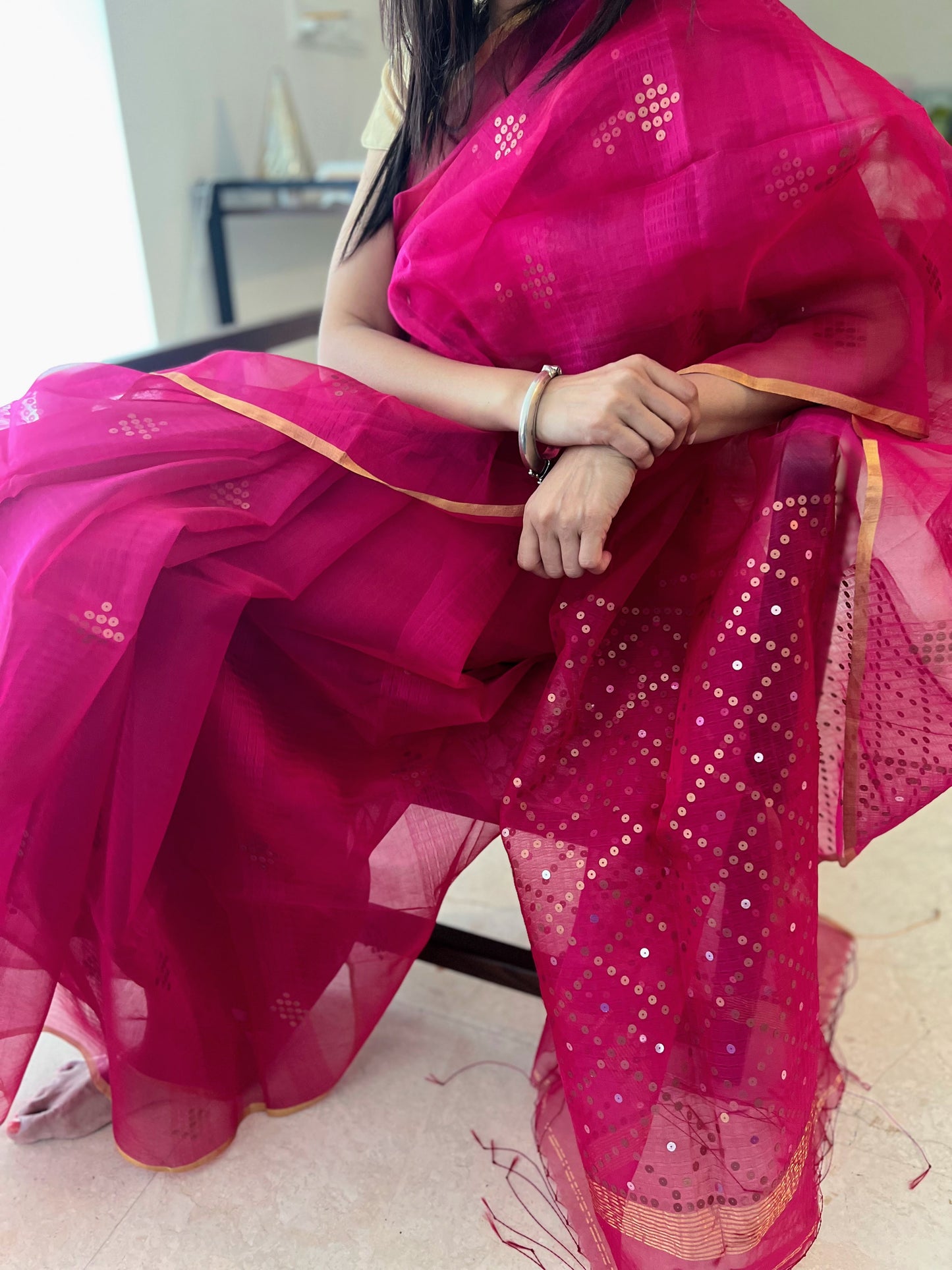 Bougainvillea Pink Bailou Jamdani with Sequins