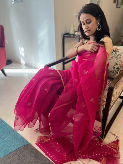 Bougainvillea Pink Bailou Jamdani with Sequins