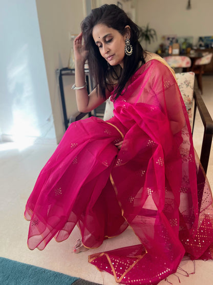 Bougainvillea Pink Bailou Jamdani with Sequins