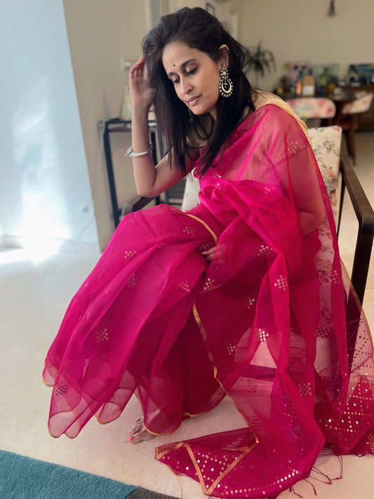 Bougainvillea Pink Bailou Jamdani with Sequins