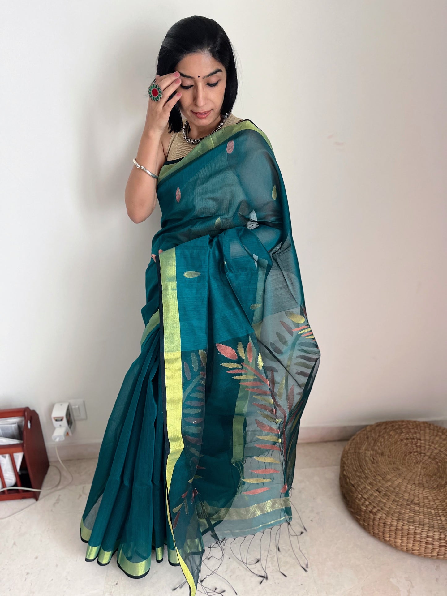 Bottle Green Jamdani Saree with Copper Accents