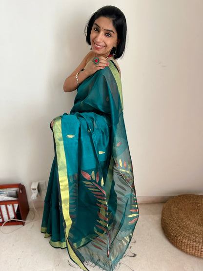 Bottle Green Jamdani Saree with Copper Accents
