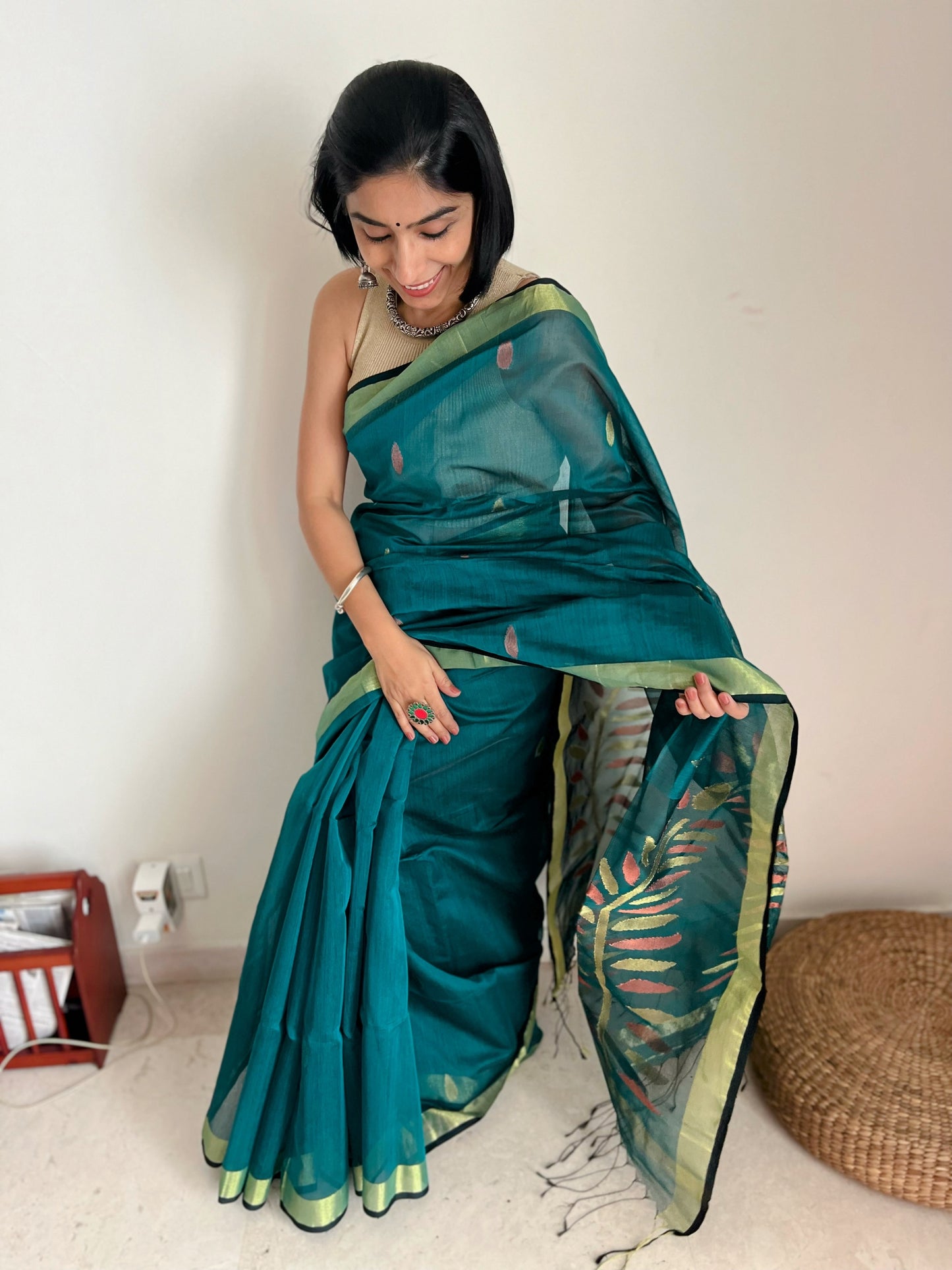 Bottle Green Jamdani Saree with Copper Accents