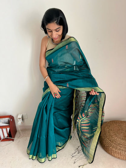 Bottle Green Jamdani Saree with Copper Accents