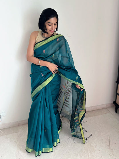 Bottle Green Jamdani Saree with Copper Accents