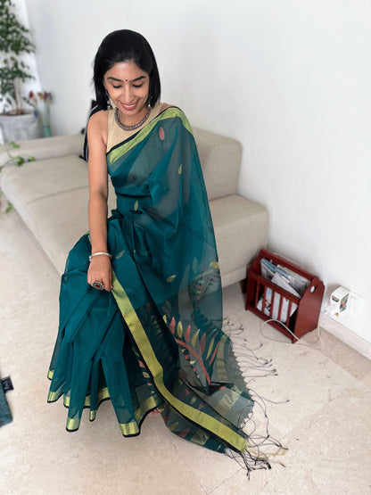 Bottle Green Jamdani Saree with Copper Accents