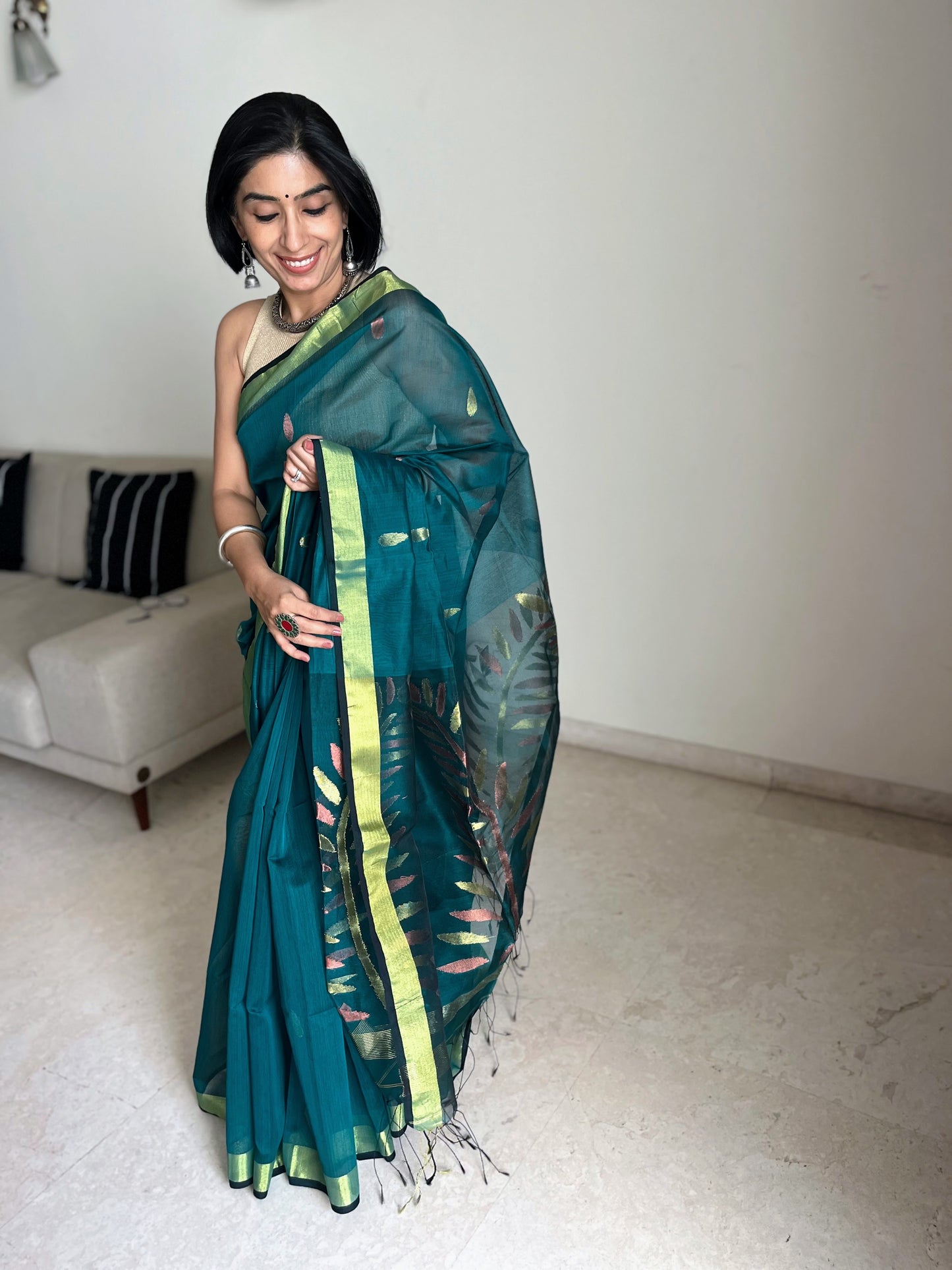 Bottle Green Jamdani Saree with Copper Accents
