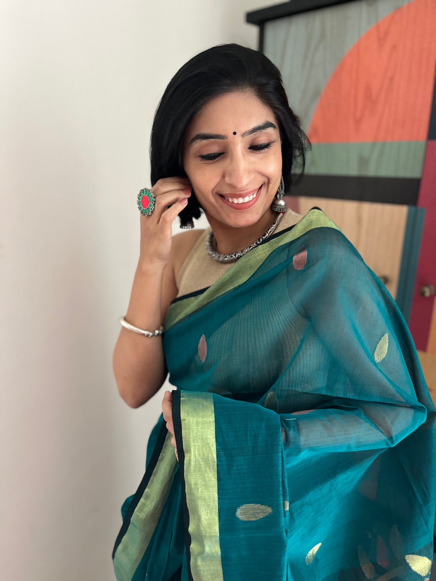 Bottle Green Jamdani Saree with Copper Accents