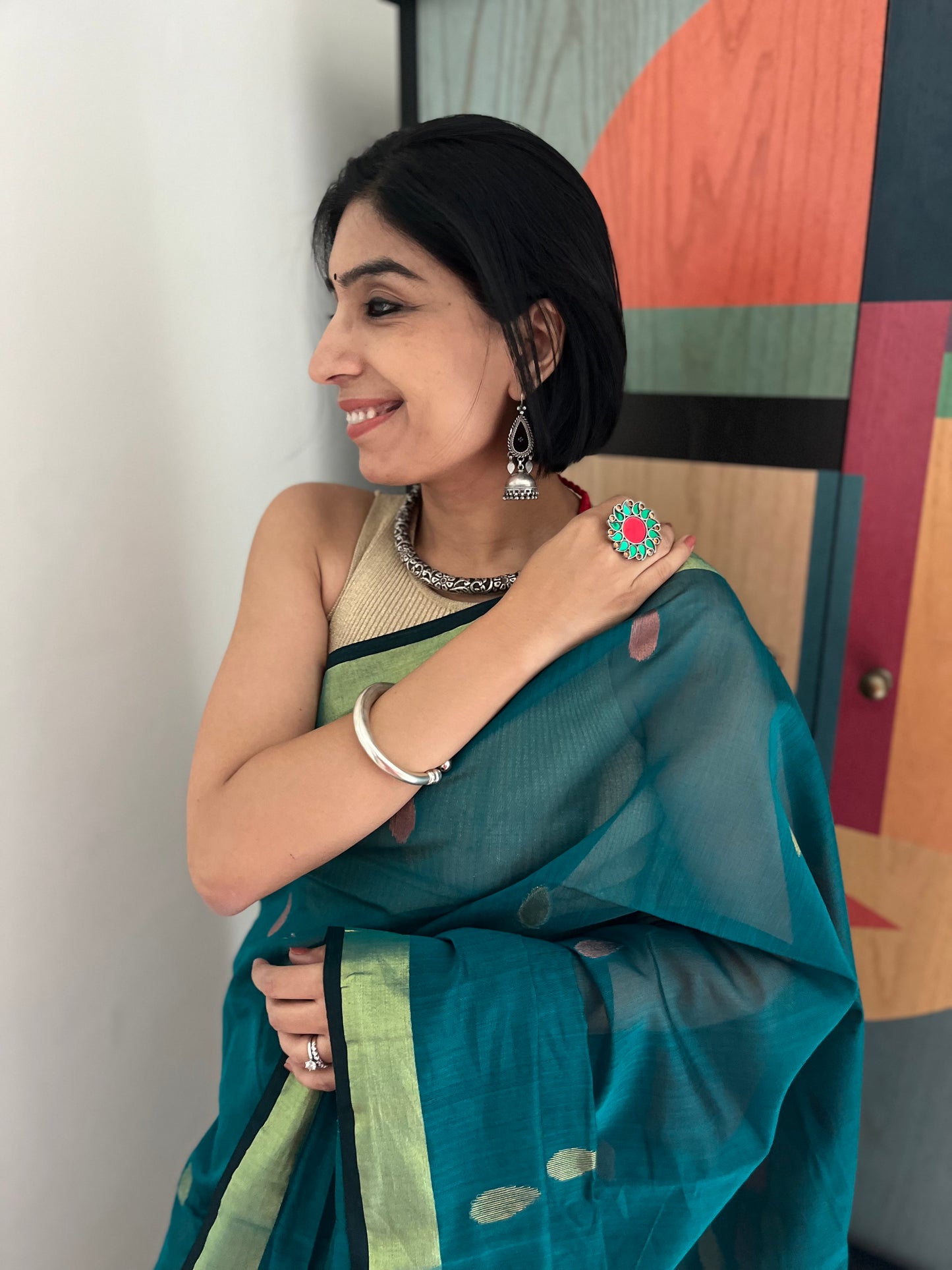 Bottle Green Jamdani Saree with Copper Accents
