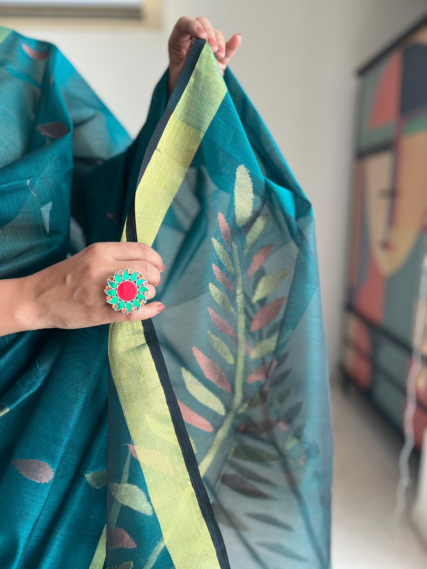 Bottle Green Jamdani Saree with Copper Accents