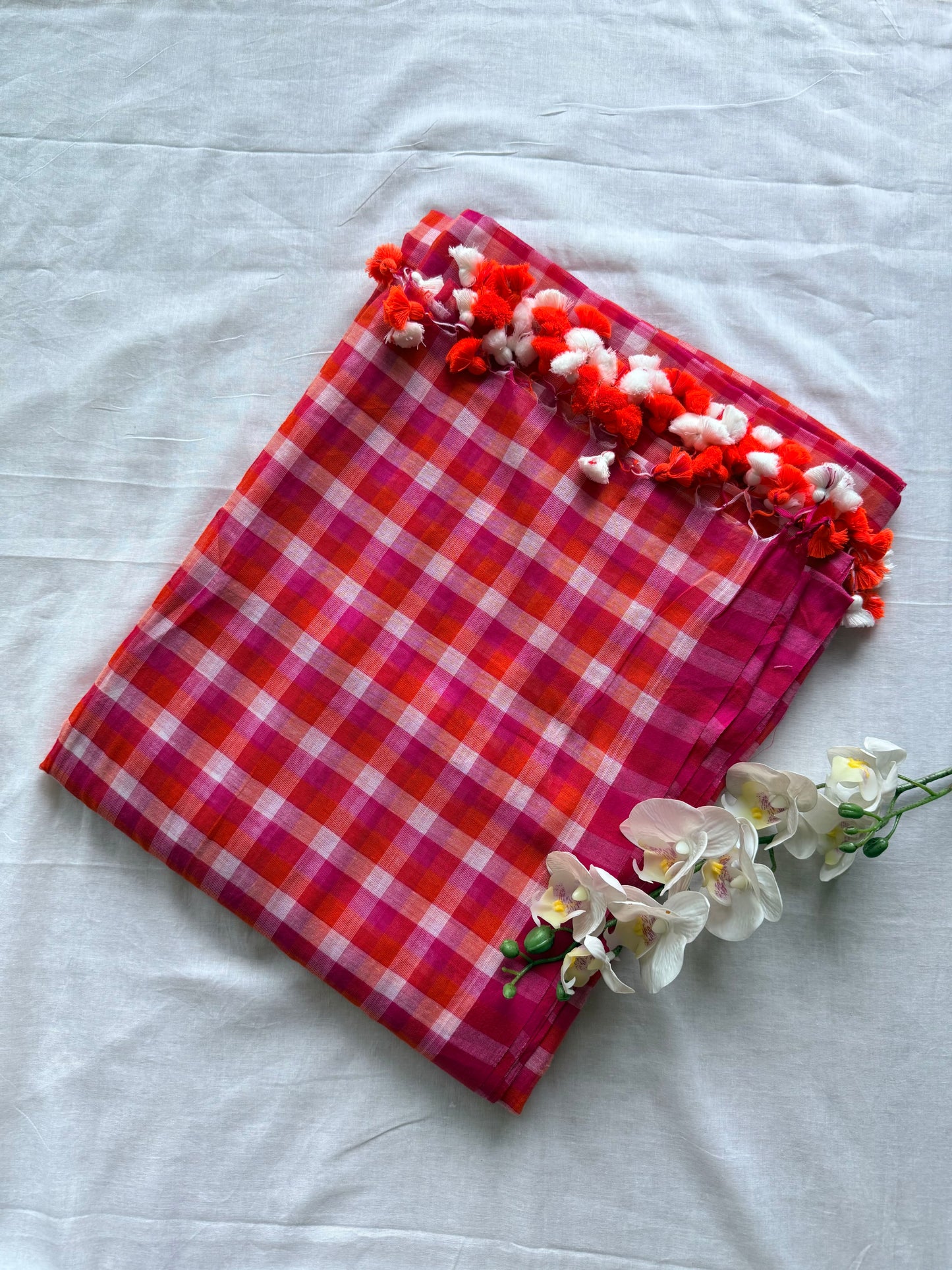 Coral Red & Hot Pink Gingham Check Mul Cotton Saree (Copy)