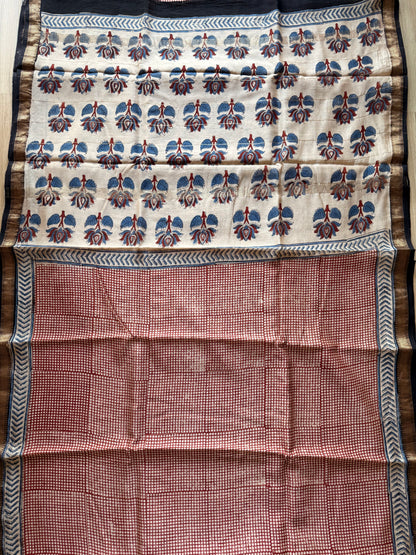 Red Checkered Bagru Cotton Silk Saree