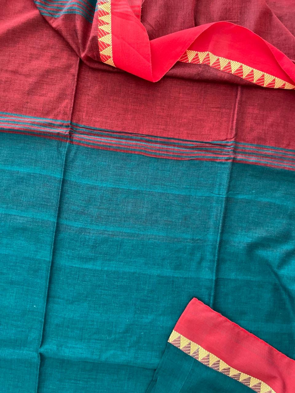 Red & Aqua Blue Bengal Cotton Saree