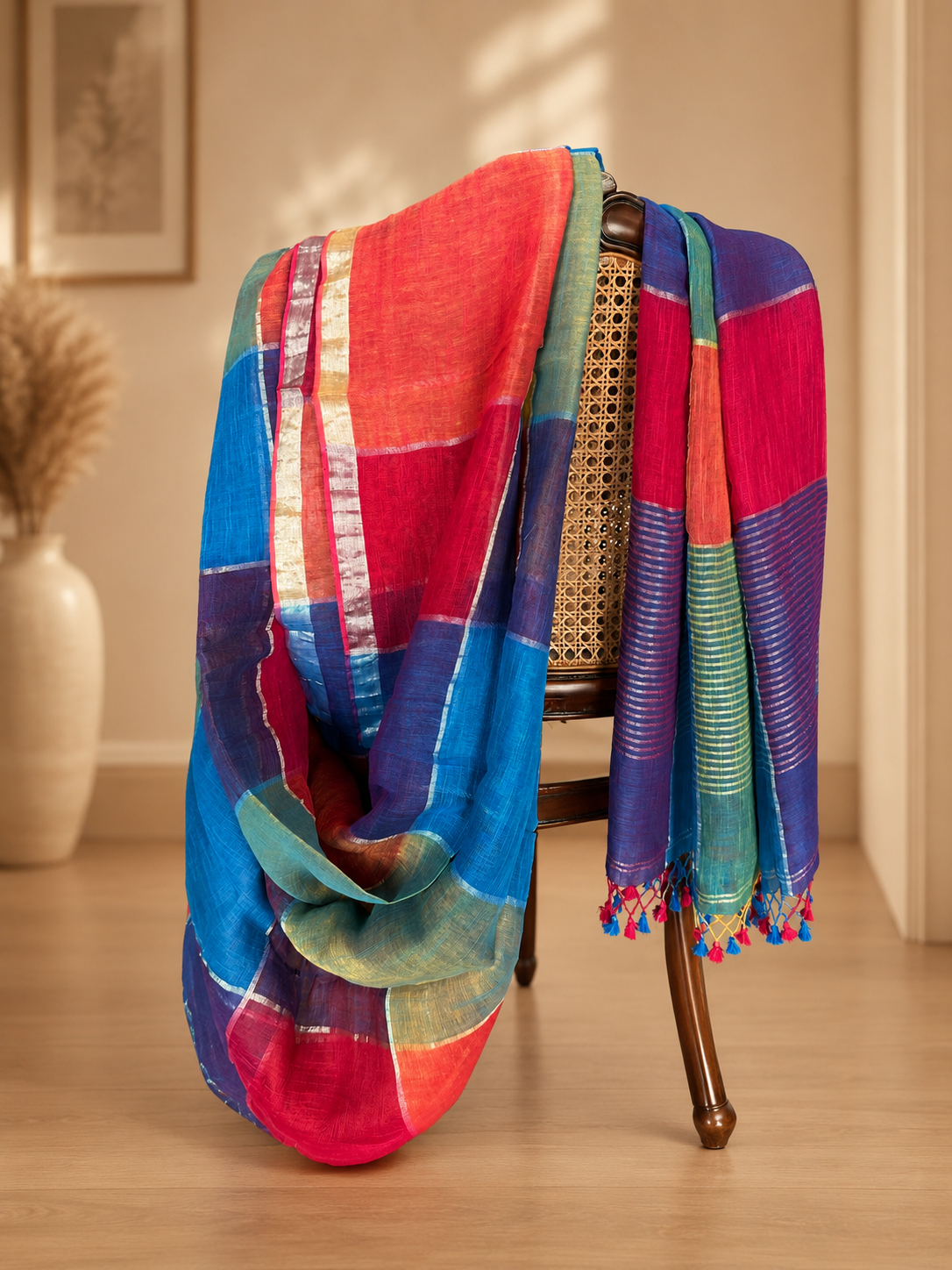 Red, Blue and Purple Linen Check Saree