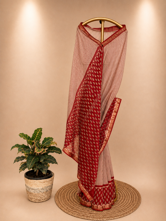 Black and Crimson Striped Cotton Silk Saree