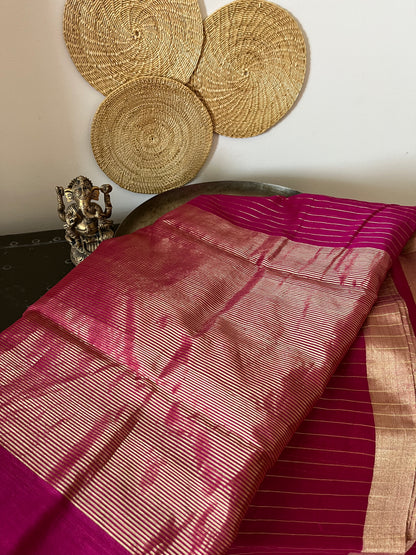 Fuchsia Gold Stripe Chanderi Cotton Silk Saree