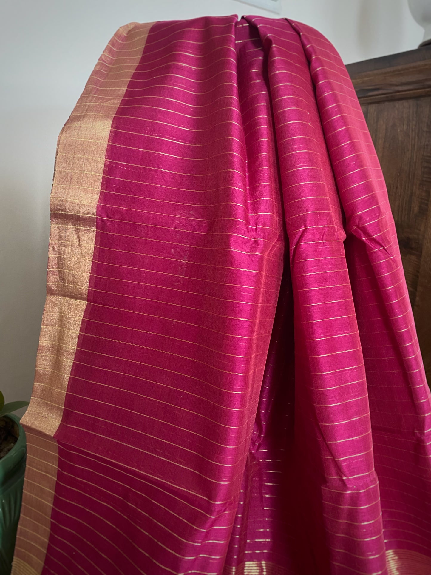 Fuchsia Gold Stripe Chanderi Cotton Silk Saree