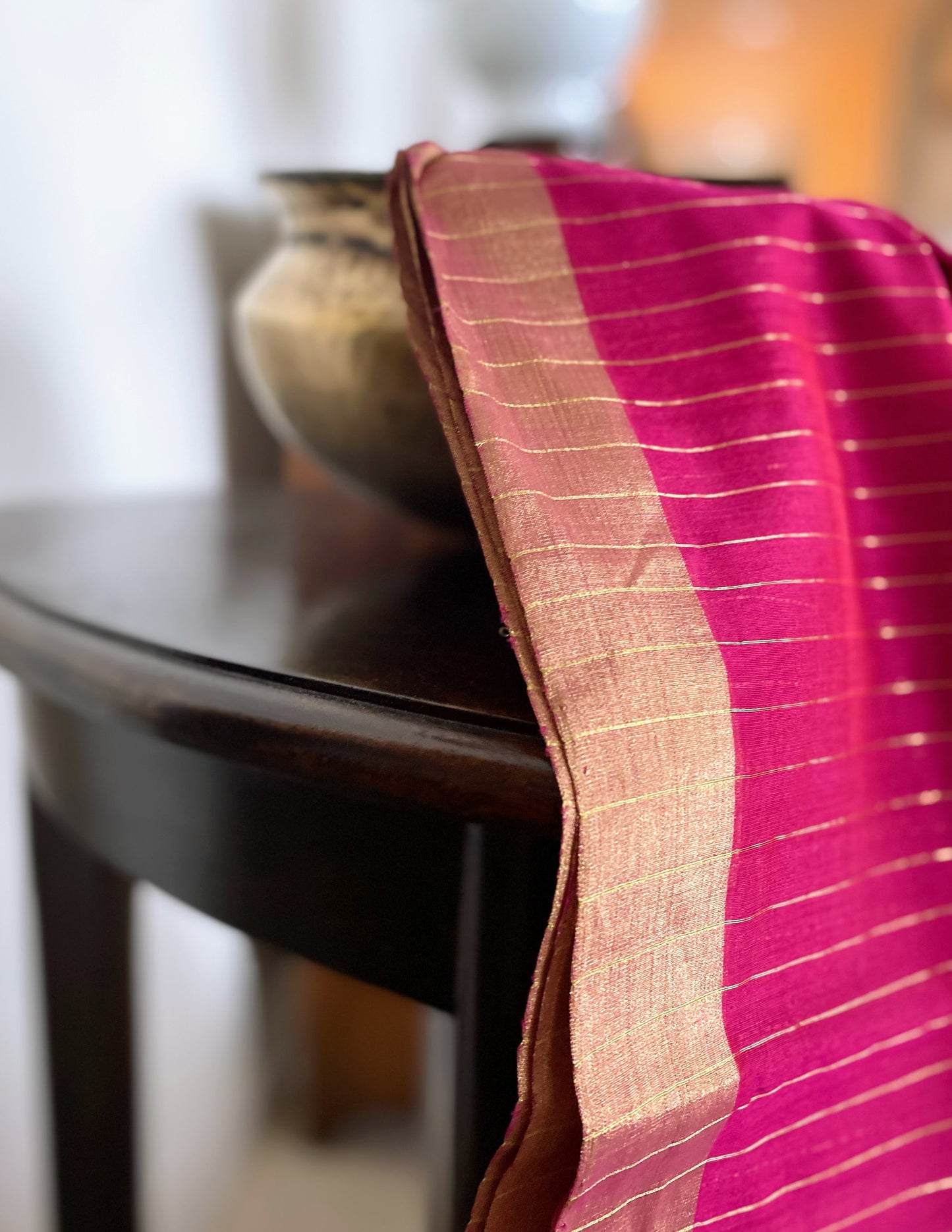 Fuchsia Gold Stripe Chanderi Cotton Silk Saree