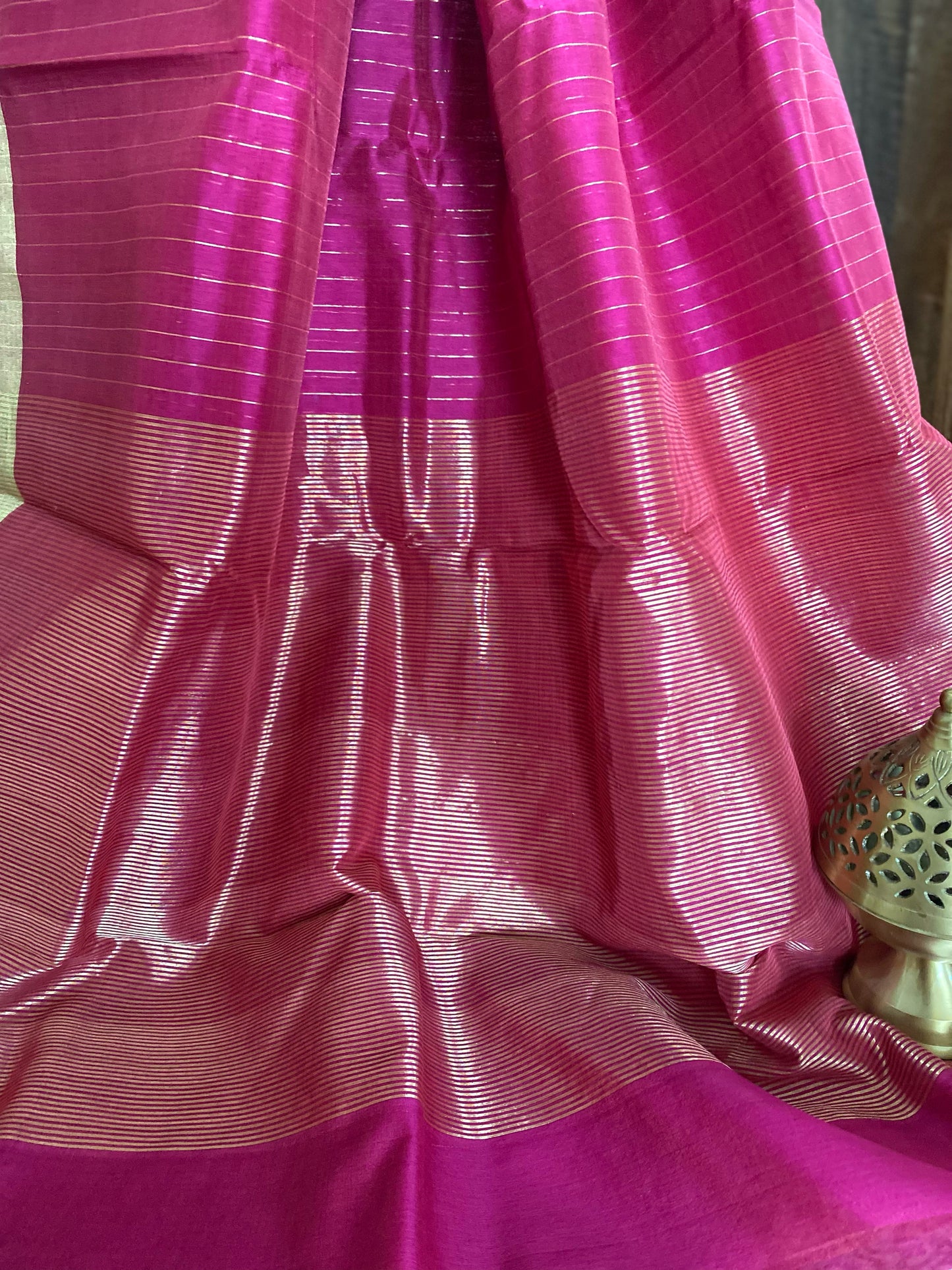 Fuchsia Gold Stripe Chanderi Cotton Silk Saree