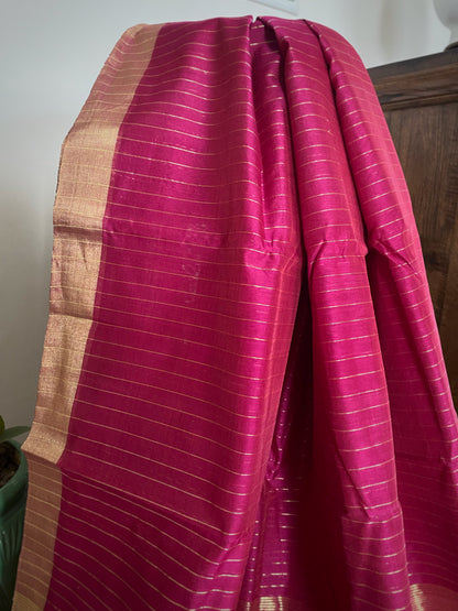 Fuchsia Gold Stripe Chanderi Cotton Silk Saree
