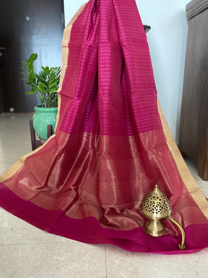 Fuchsia Gold Stripe Chanderi Cotton Silk Saree