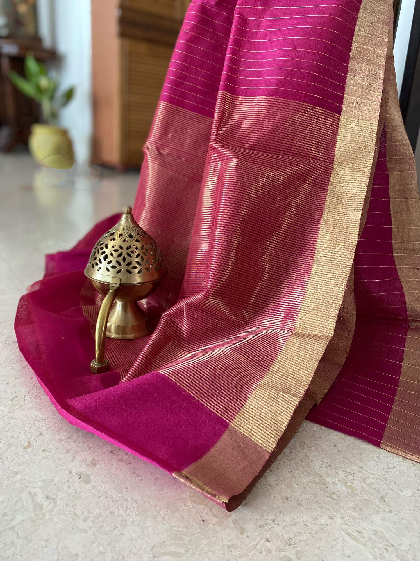 Fuchsia Gold Stripe Chanderi Cotton Silk Saree