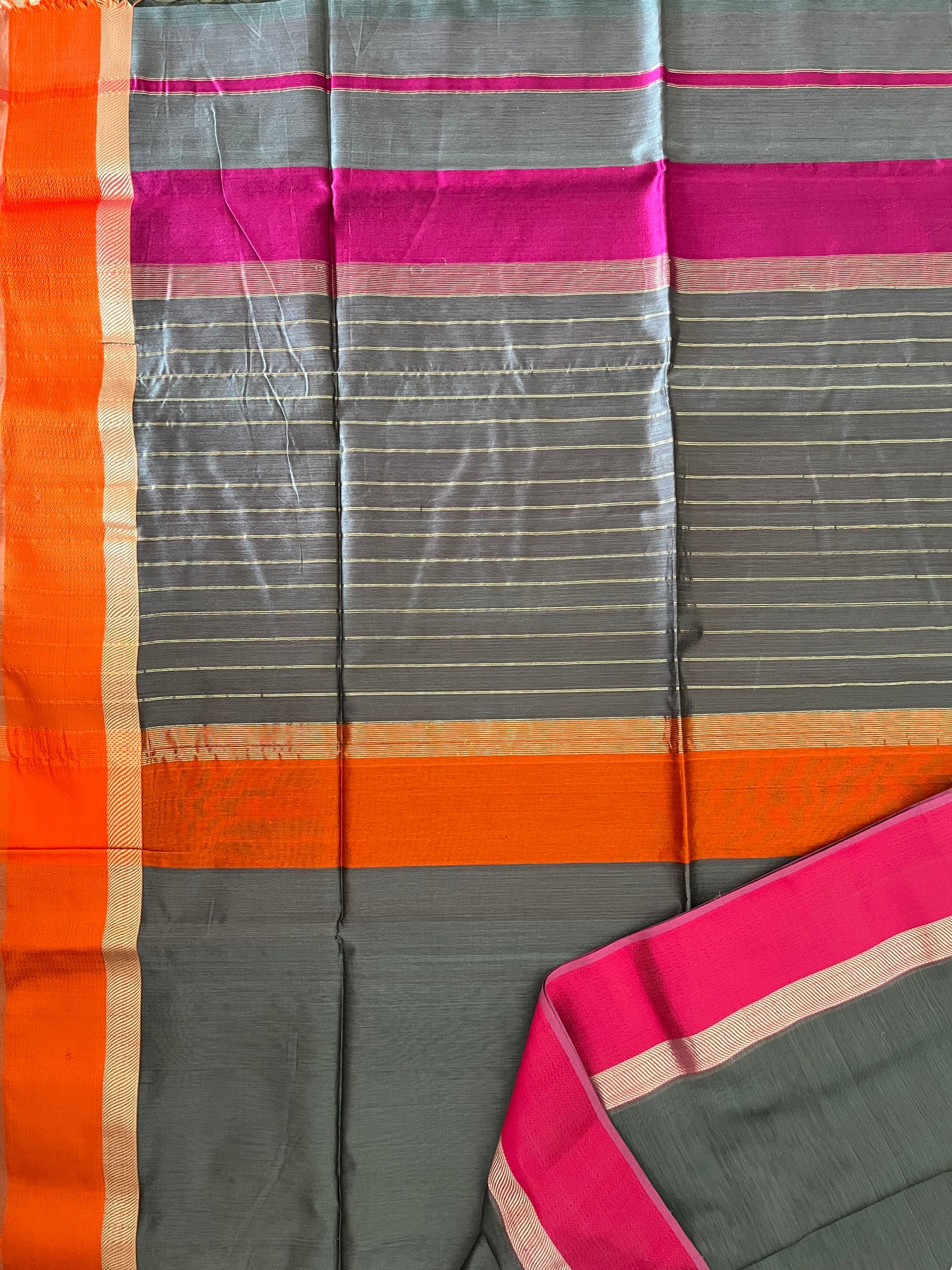 Grey Maheshwari Saree with Ganga Jamuna Resham Borders