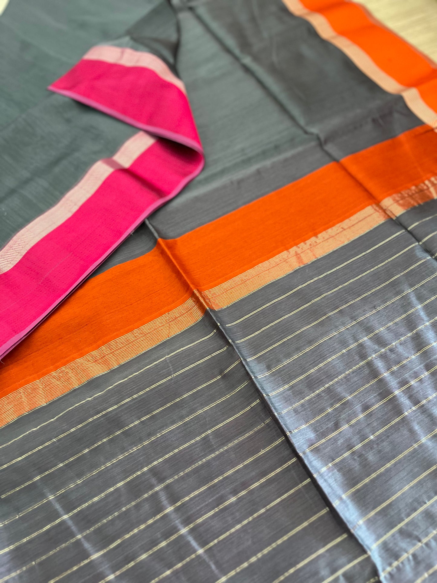 Grey Maheshwari Saree with Ganga Jamuna Resham Borders
