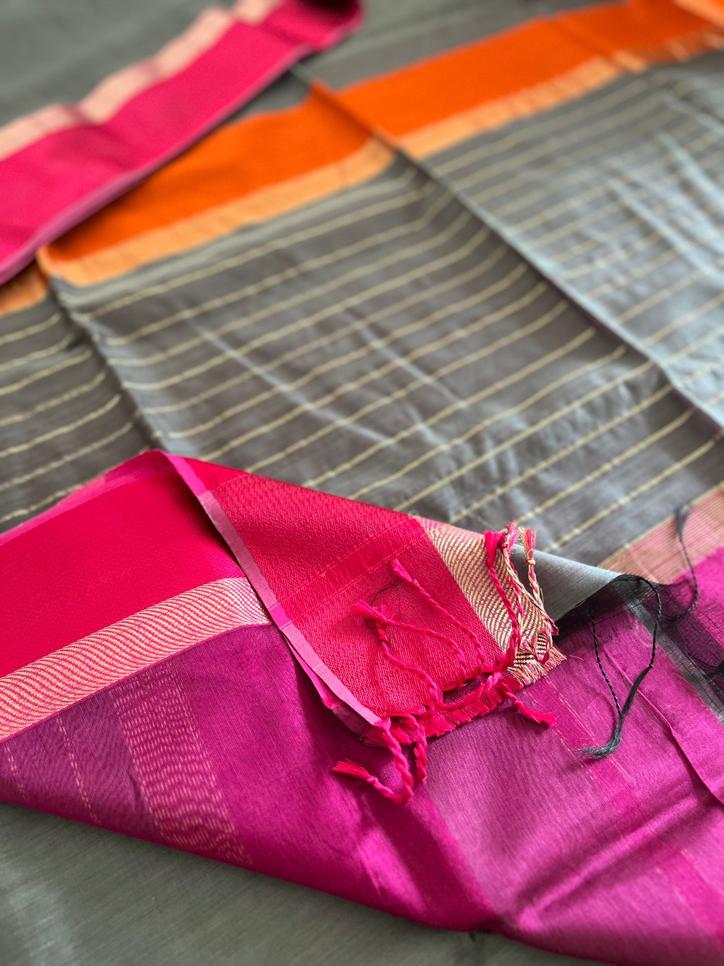 Grey Maheshwari Saree with Ganga Jamuna Resham Borders