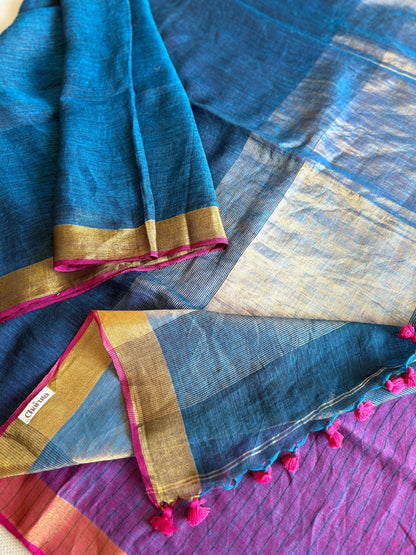 Peacock Blue Linen Saree