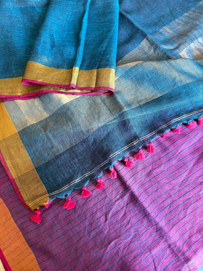 Peacock Blue Linen Saree