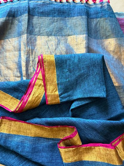 Peacock Blue Linen Saree
