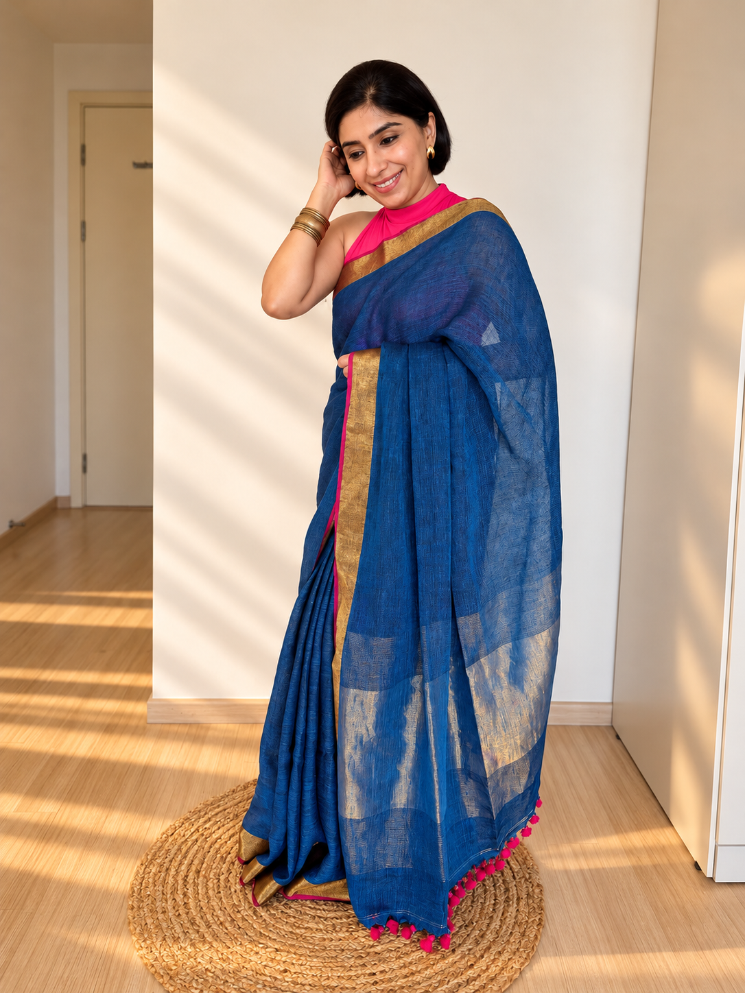 Peacock Blue Linen Saree