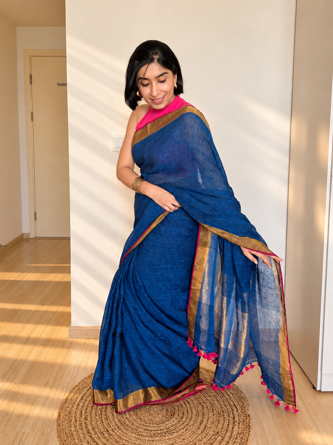 Peacock Blue Linen Saree