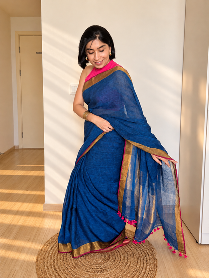 Peacock Blue Linen Saree