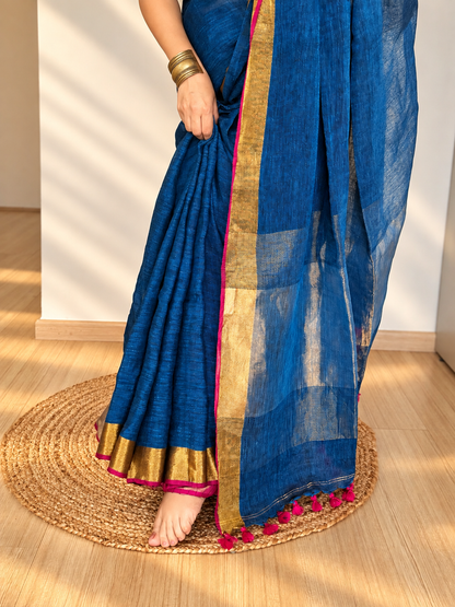 Peacock Blue Linen Saree