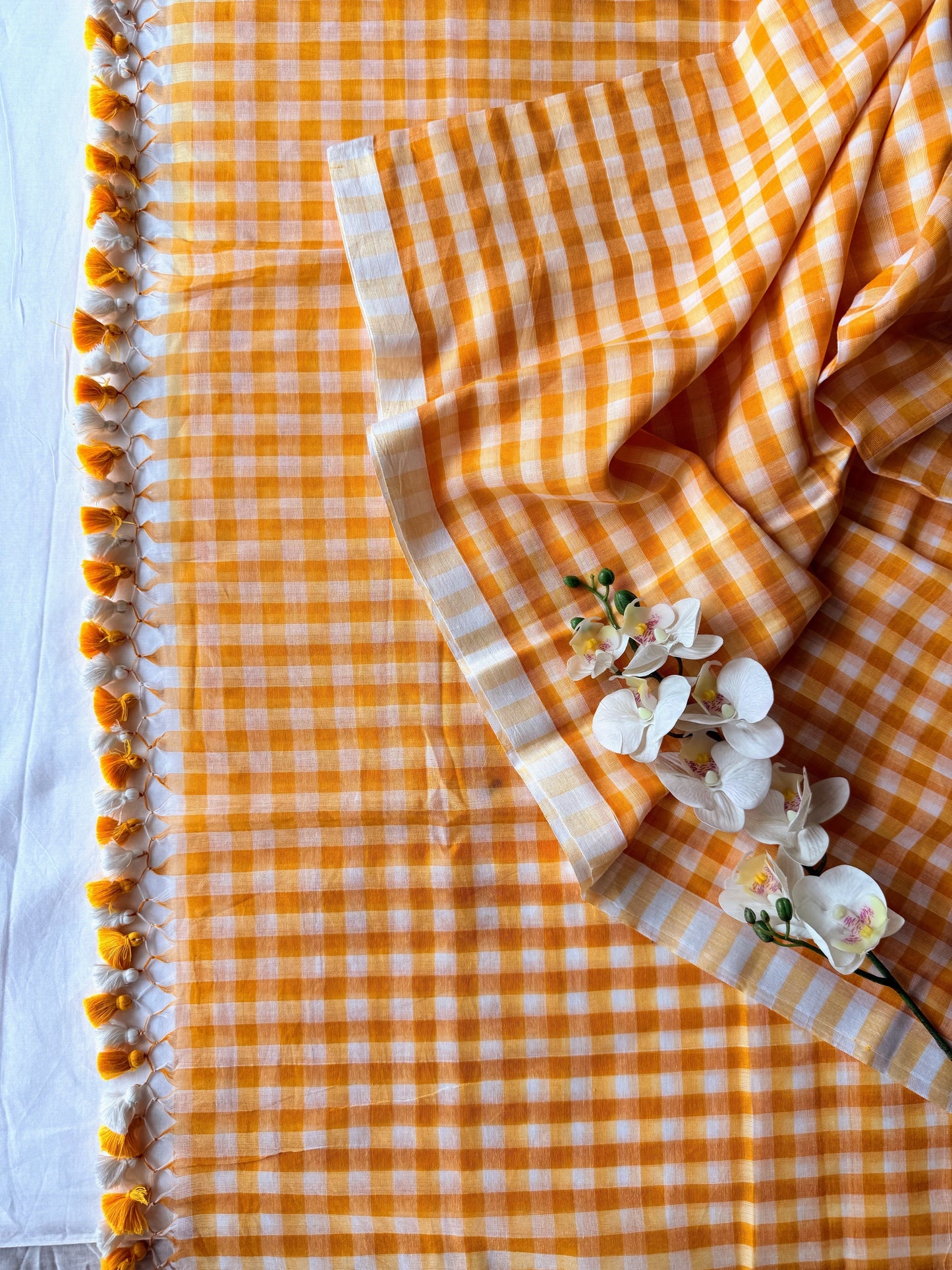 Yellow and White Gingham Check Mul Cotton Saree