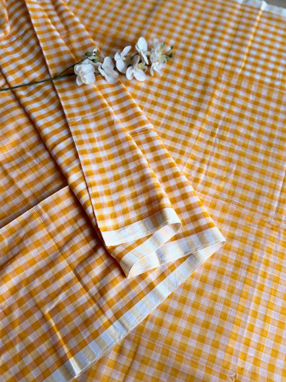 Yellow and White Gingham Check Mul Cotton Saree