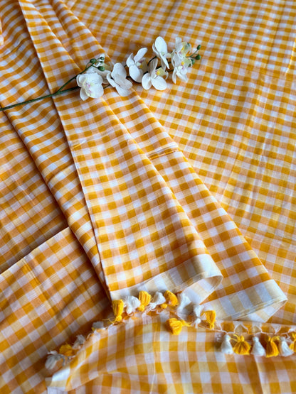 Yellow and White Gingham Check Mul Cotton Saree