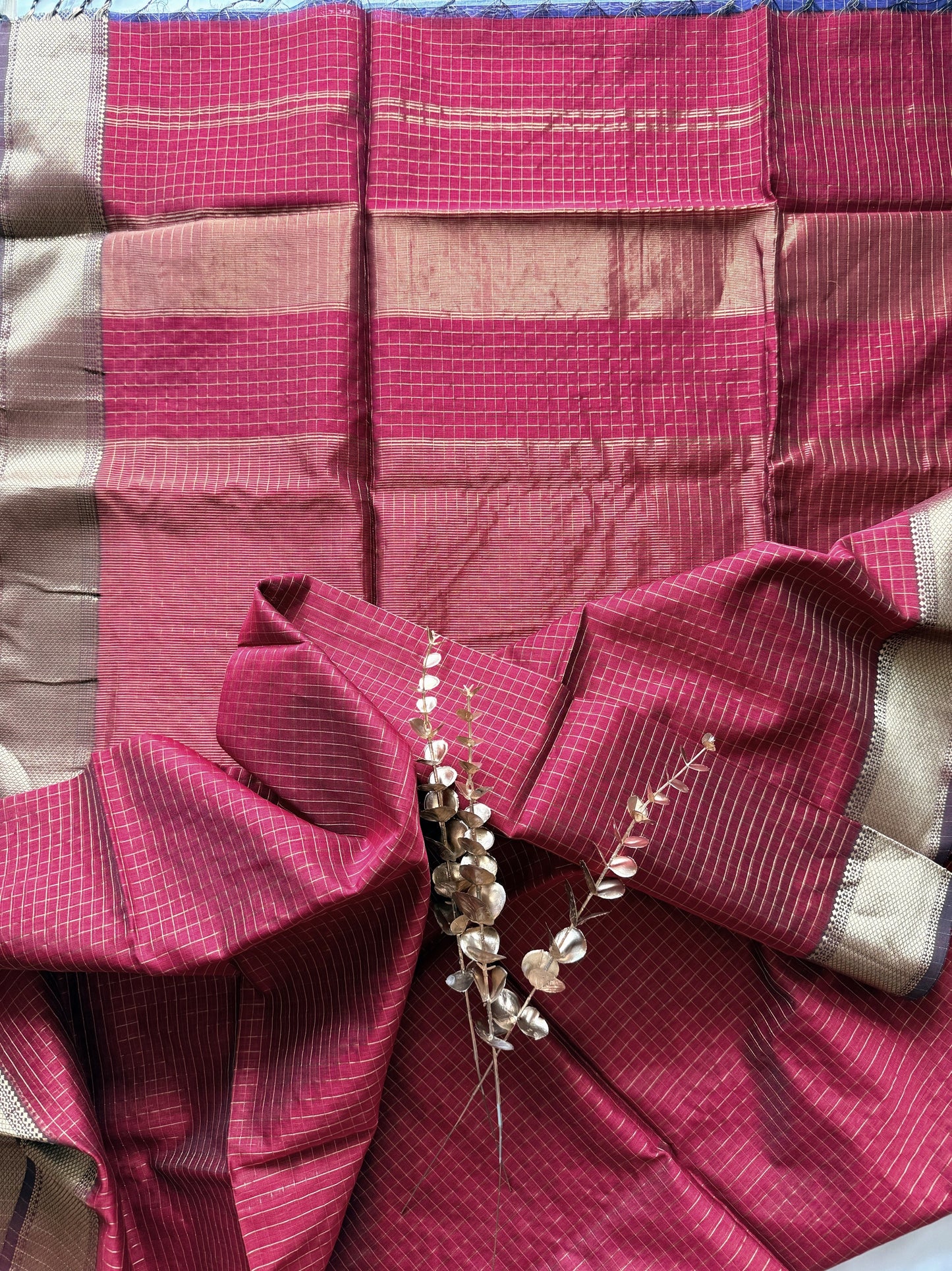 Maroon and Gold Checks Maheshwari Saree