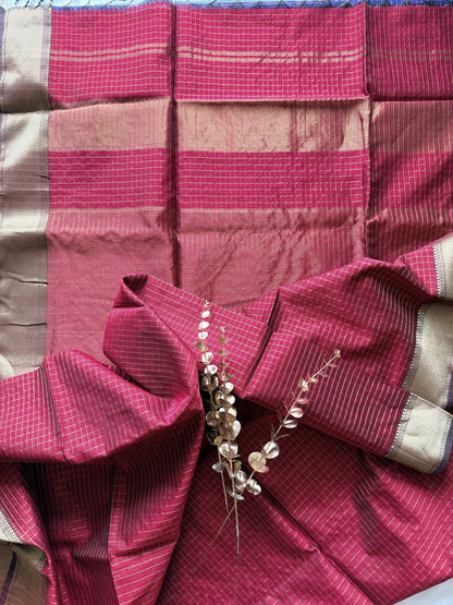 Maroon and Gold Checks Maheshwari Saree