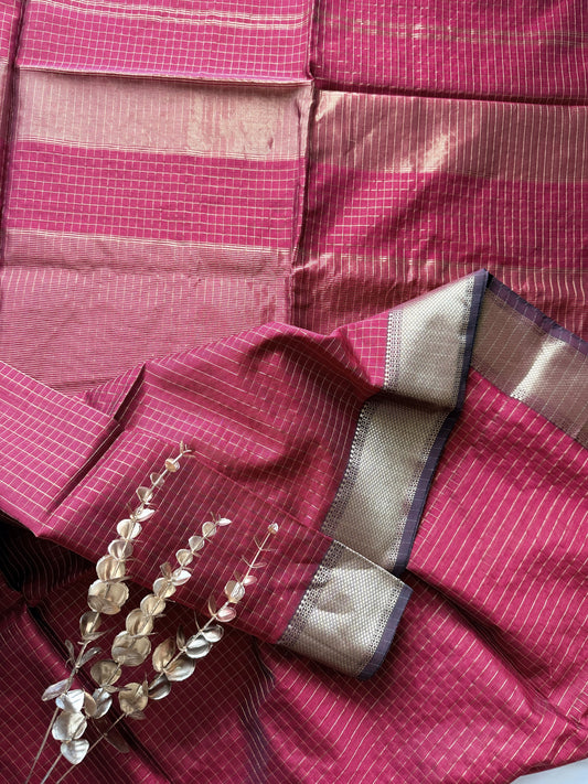 Maroon and Gold Checks Maheshwari Saree