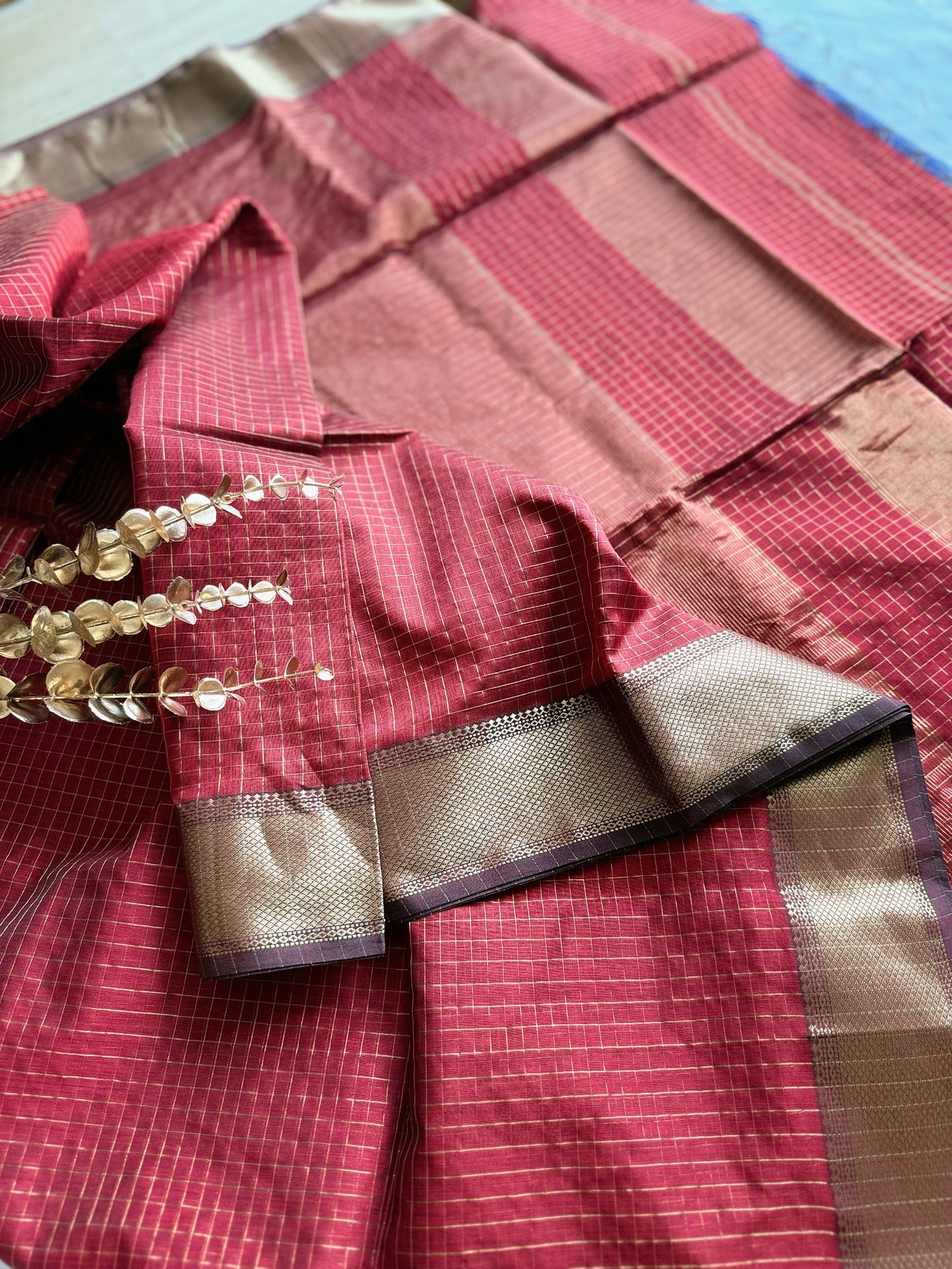 Maroon and Gold Checks Maheshwari Saree